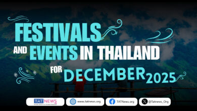 Cover graphic for Festivals and Events in Thailand for December 2025, featuring mountain scenery, cloud layers, and bold turquoise typography promoting TAT News.