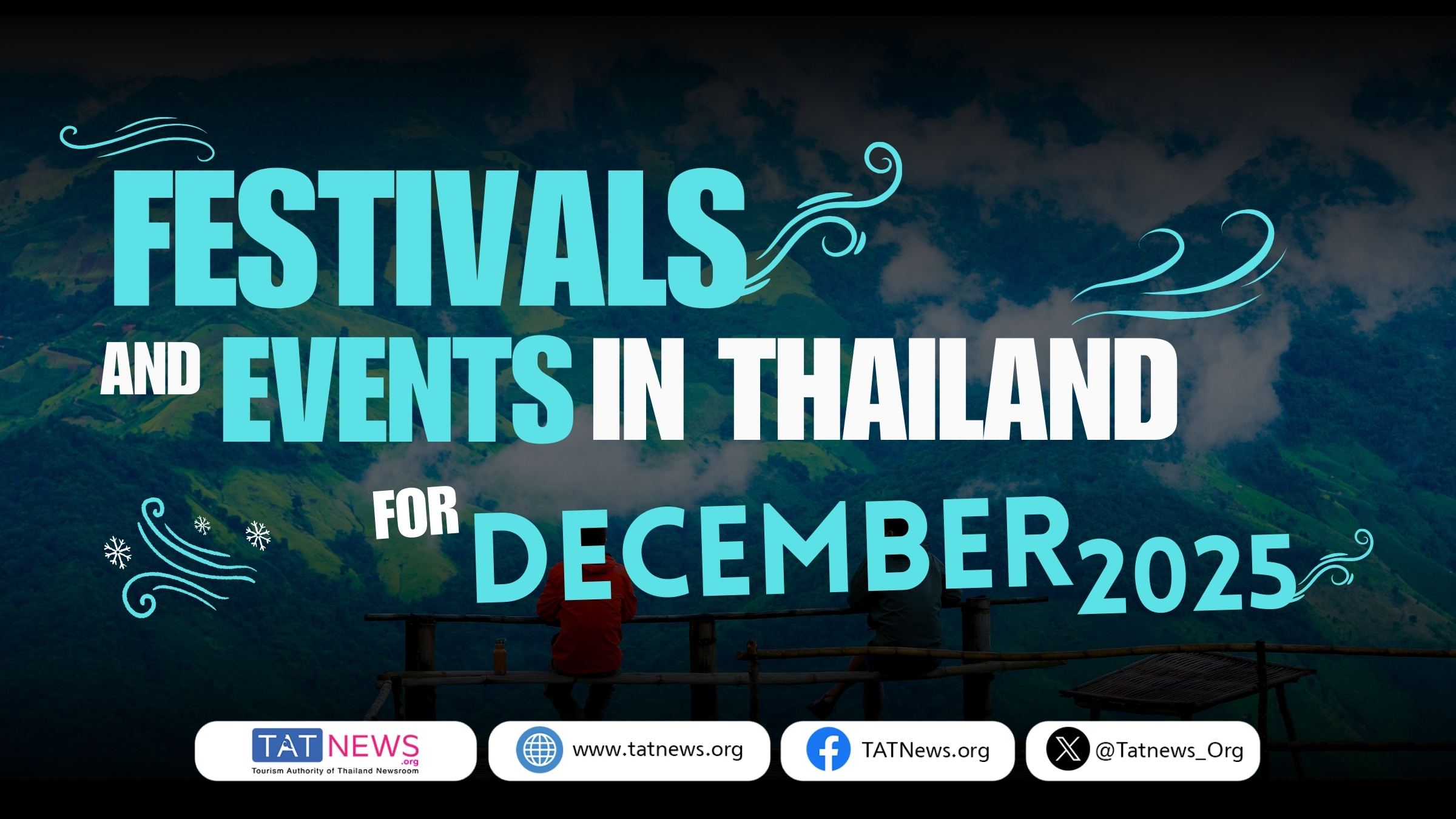 Cover graphic for Festivals and Events in Thailand for December 2025, featuring mountain scenery, cloud layers, and bold turquoise typography promoting TAT News.