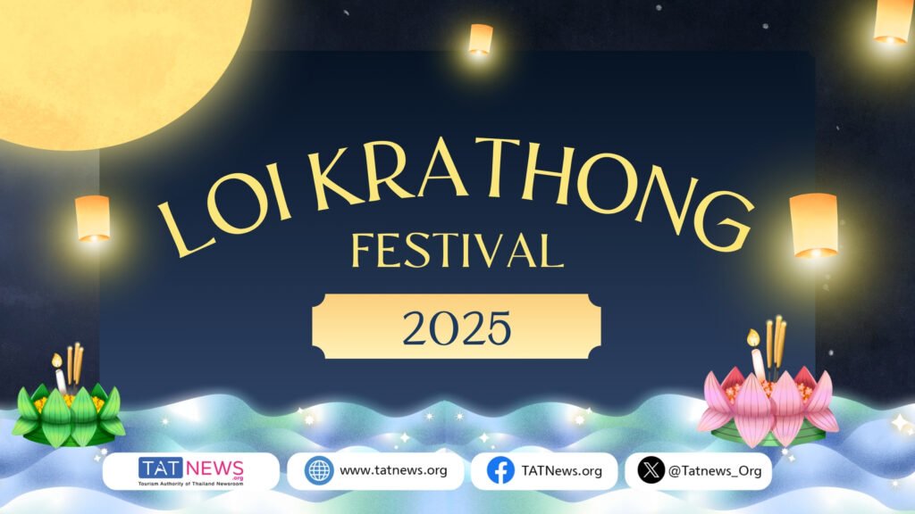 Loi Krathong Festival 2025 Thailand poster featuring floating lanterns and krathongs under the full moon, promoting nationwide celebrations by TAT News.