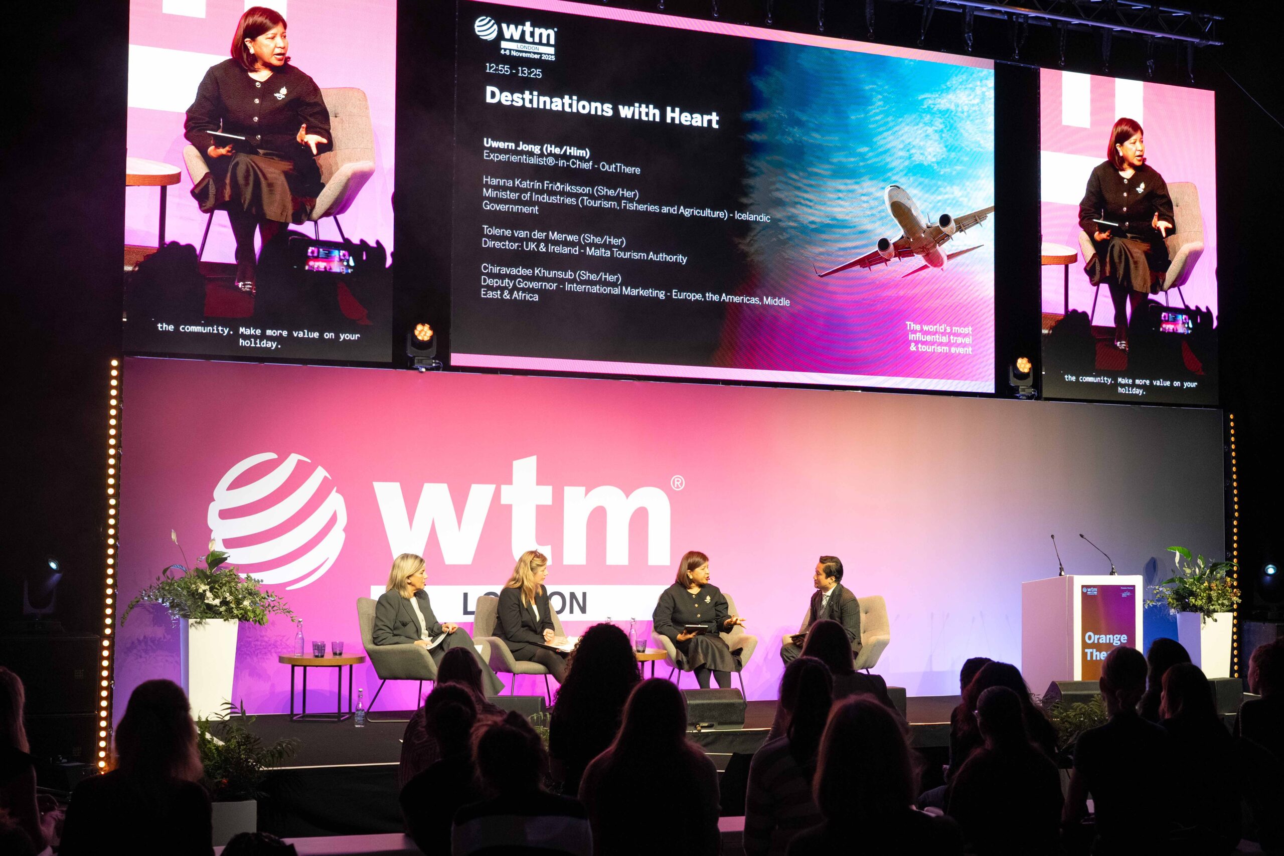 Mrs. Chiravadee Khunsub, Deputy Governor for International Marketing – Europe, the Americas, the Middle East and Africa, Tourism Authority of Thailand (TAT), speaks during the “Destinations with Heart” Summit at World Travel Market (WTM) London 2025, joining a panel discussion with tourism leaders from Iceland and Malta on inclusive and people-centred travel.
