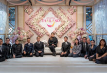 Her Royal Highness Princess Ubolratana with the Tourism Authority of Thailand executives at the Thailand Pavilion, decorated with floral arrangements under the “Amazing Thailand” logo at WTM 2025 in London.