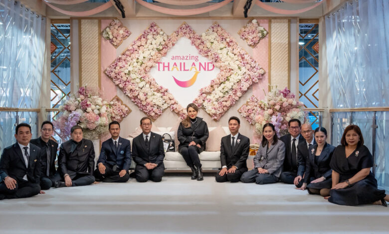Her Royal Highness Princess Ubolratana with the Tourism Authority of Thailand executives at the Thailand Pavilion, decorated with floral arrangements under the “Amazing Thailand” logo at WTM 2025 in London.