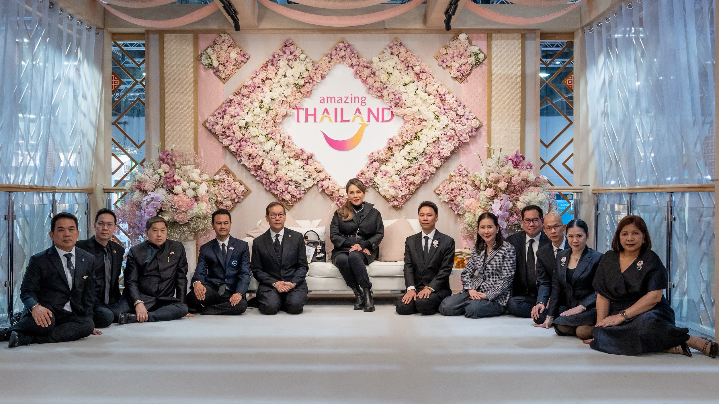 Her Royal Highness Princess Ubolratana with the Tourism Authority of Thailand executives at the Thailand Pavilion, decorated with floral arrangements under the “Amazing Thailand” logo at WTM 2025 in London.