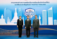 Senior representatives stand on stage at the Trusted Thailand launch event, with the certification logo and city skyline backdrop highlighting Thailand’s tourism safety initiative.