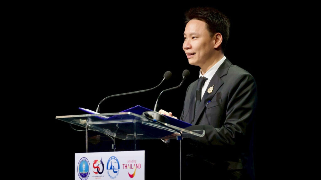 A speaker addresses the audience at the Trusted Thailand launch, presenting the tourism safety certification initiative from the podium.