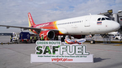 VietJet Thailand aircraft at Suvarnabhumi Airport showcasing the Green Route SAF Fuel banner during the launch of the Bangkok–Phu Quoc sustainable flight.
