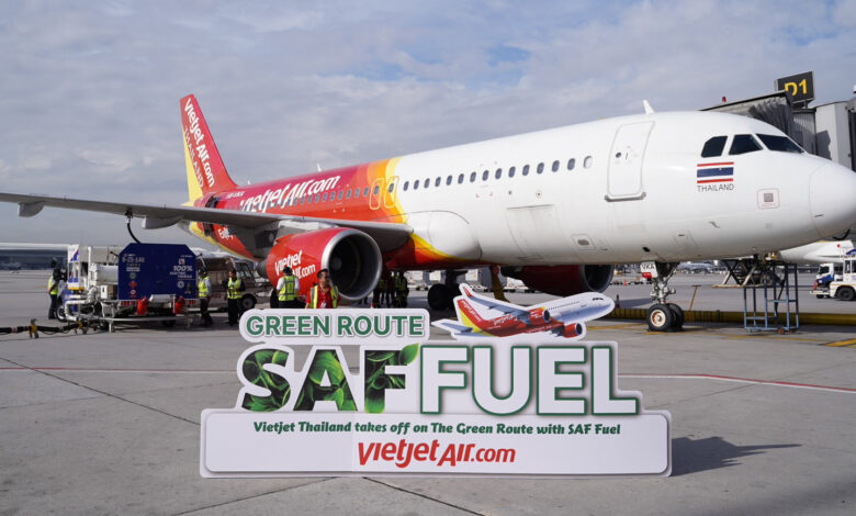 VietJet Thailand aircraft at Suvarnabhumi Airport showcasing the Green Route SAF Fuel banner during the launch of the Bangkok–Phu Quoc sustainable flight.