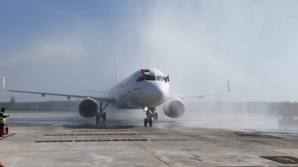 Air Arabia’s inaugural Sharjah–Krabi flight receives a ceremonial water cannon salute on arrival at Krabi Airport.