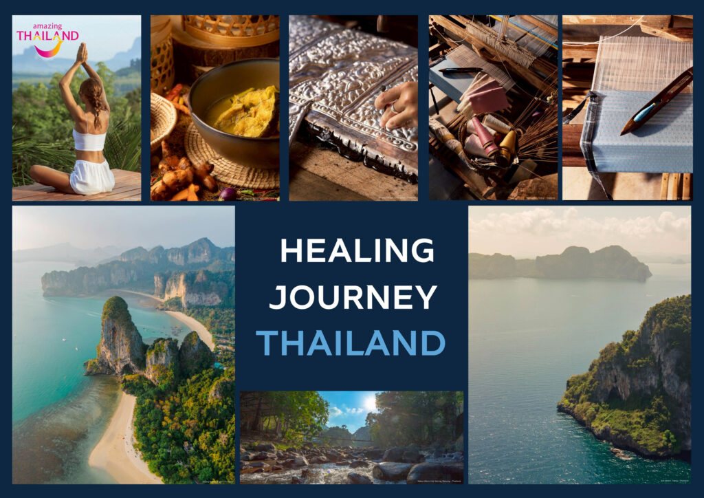 A collage showcasing wellness and lifestyle experiences in Thailand, including meditation, Thai cuisine, artisanal crafts, handwoven textiles and scenic coastal landscapes, reflecting the Healing Journey Thailand campaign themes.