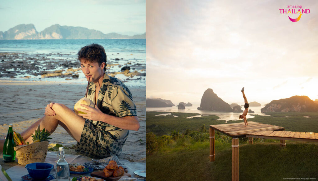 Henry Moodie relaxing on a beach with coastal scenery in the background, alongside a wellness-inspired outdoor moment overlooking limestone karsts, illustrating restorative travel experiences in southern Thailand.