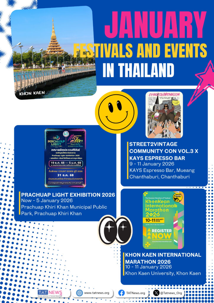 Thailand January 2026 events showcasing Prachuap Light Exhibition, Street2Vintage Community Con, and Khon Kaen International Marathon.