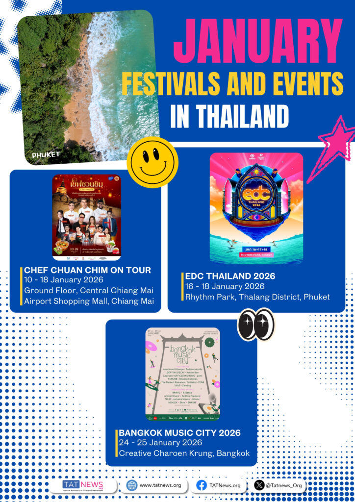 January 2026 festivals in Thailand including Chef Chuan Chim on Tour, EDC Thailand in Phuket, and Bangkok Music City.