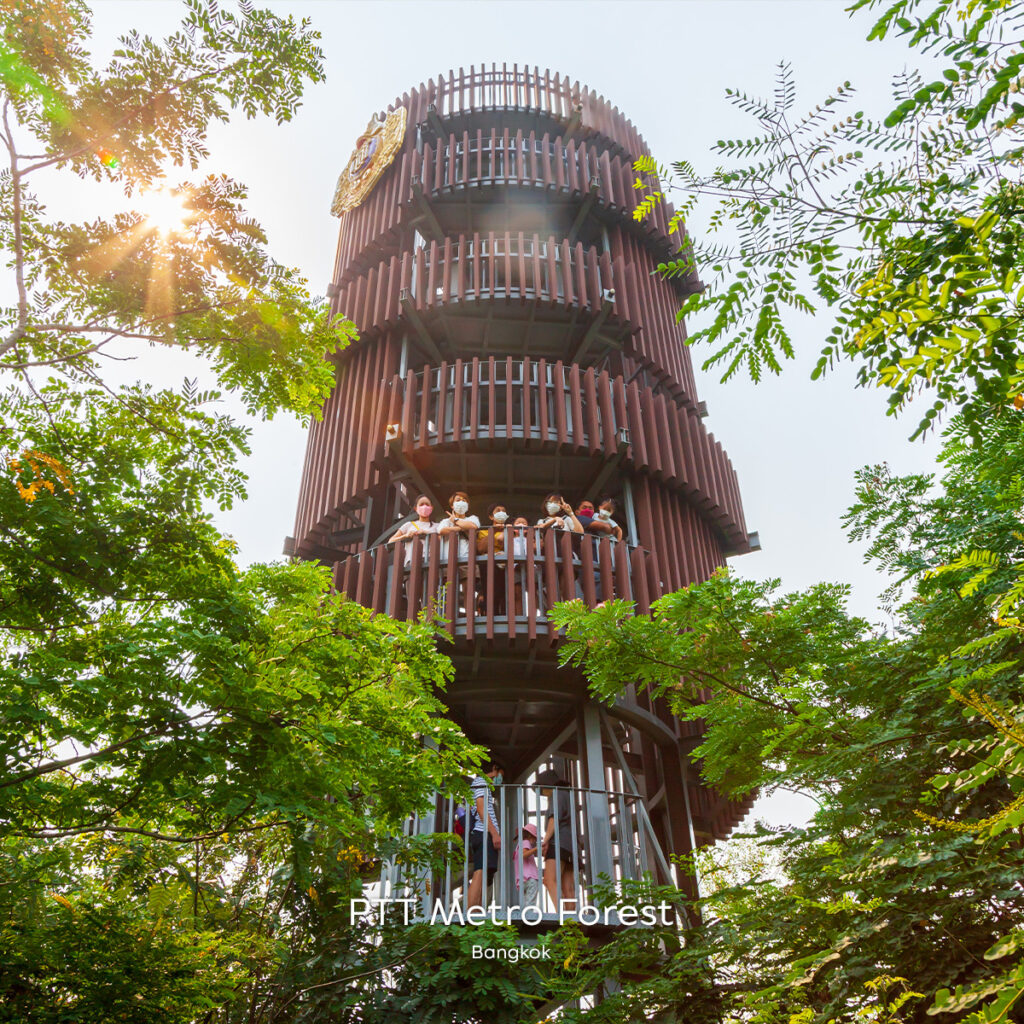People standing on the multi-level wooden observation tower rising above the treetops at PTT Metro Forest in Bangkok.