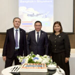 SCAT Airlines and Tourism Authority of Thailand officials mark the launch of the new Shymkent–Bangkok direct flight at a press conference in Bangkok.