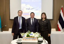 SCAT Airlines and Tourism Authority of Thailand officials mark the launch of the new Shymkent–Bangkok direct flight at a press conference in Bangkok.