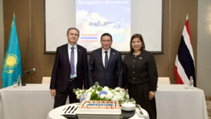 SCAT Airlines and Tourism Authority of Thailand officials mark the launch of the new Shymkent–Bangkok direct flight at a press conference in Bangkok.