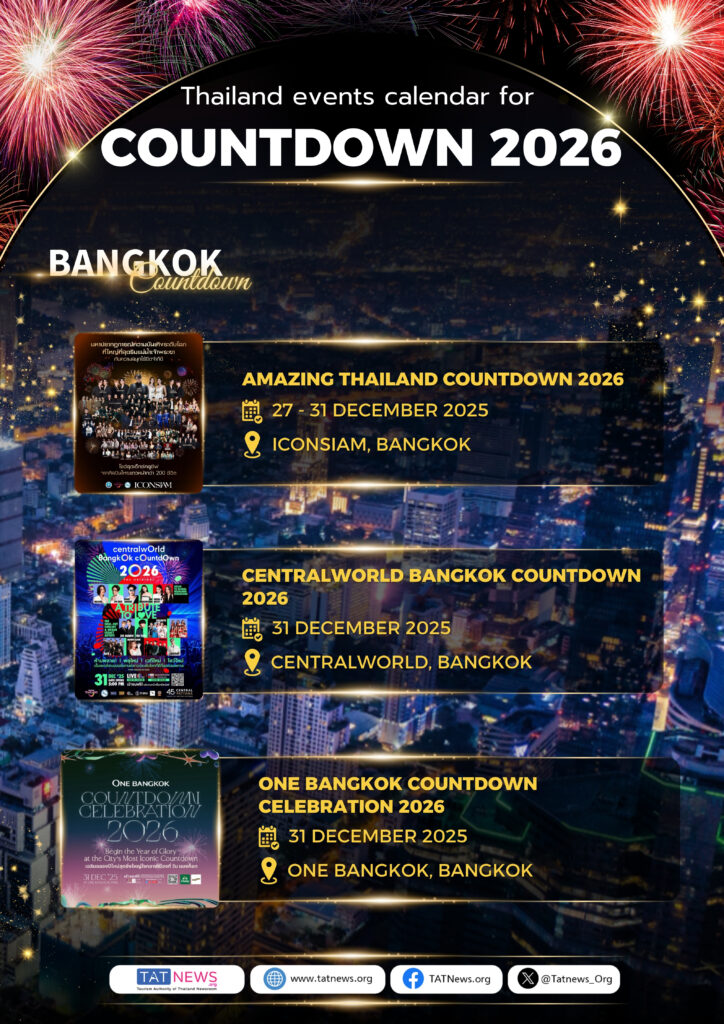 Thailand events calendar for Countdown 2026 featuring Bangkok countdown celebrations at ICONSIAM, CentralwOrld, and One Bangkok with fireworks and live concerts