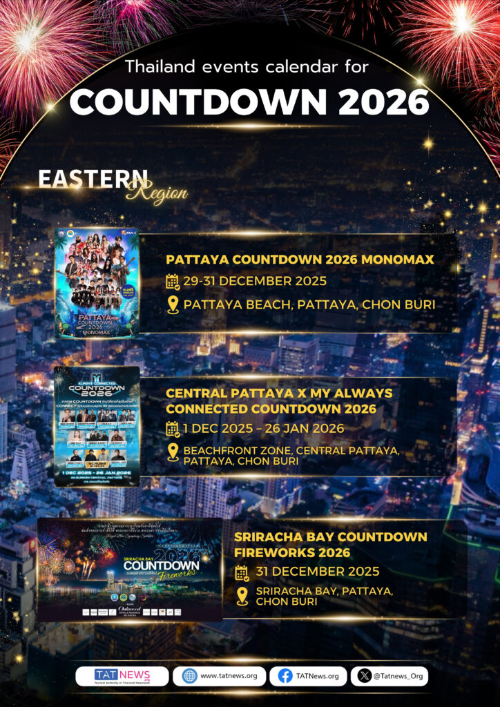 Eastern Thailand Countdown 2026 featuring Pattaya Beach countdown, Central Pattaya celebrations, and Sriracha Bay fireworks