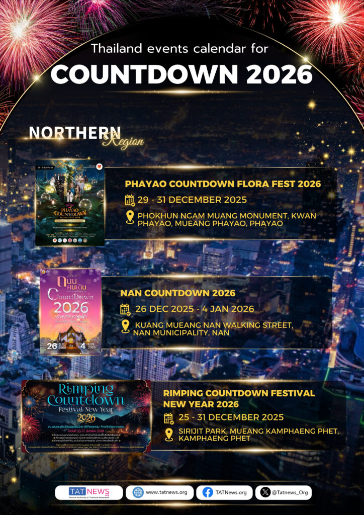 Northern Thailand Countdown 2026 events including Phayao Flora Fest, Nan Countdown, and Rimping Countdown Festival in Kamphaeng Phet