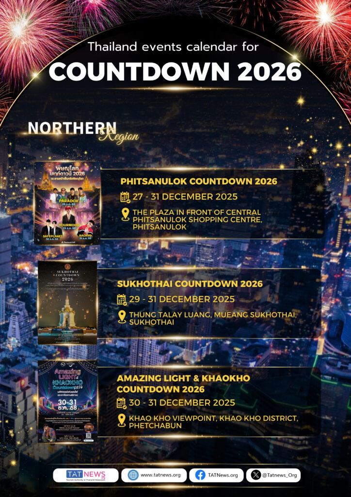 Northern Thailand Countdown 2026 featuring Phitsanulok Countdown, Sukhothai heritage countdown, and Khao Kho mountain-view celebrations