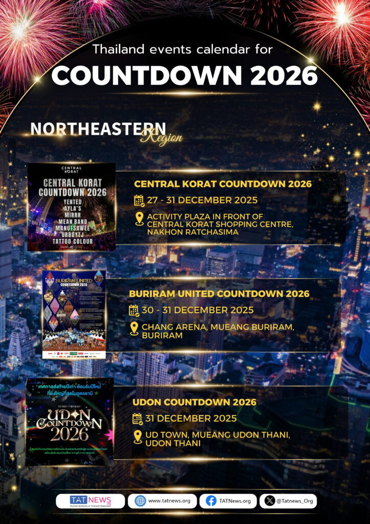 Northeastern Thailand Countdown 2026 events including Central Korat Countdown, Buriram United Countdown, and Udon Countdown celebrations