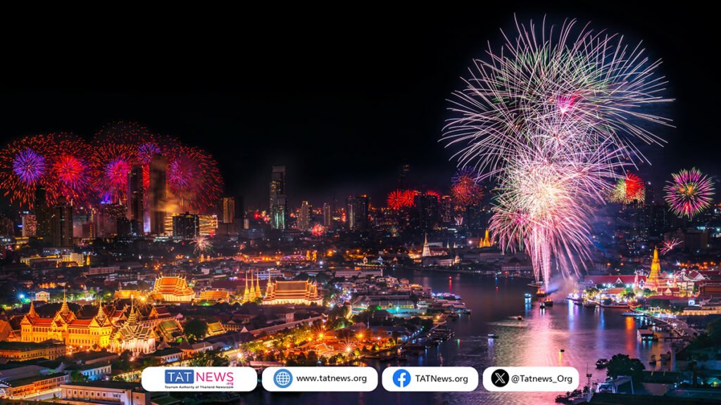 Aerial night view representing Thailand’s New Year countdown celebrations, with fireworks across a city skyline and riverfront landmarks, used to illustrate nationwide Amazing Thailand Countdown 2026 festivities.