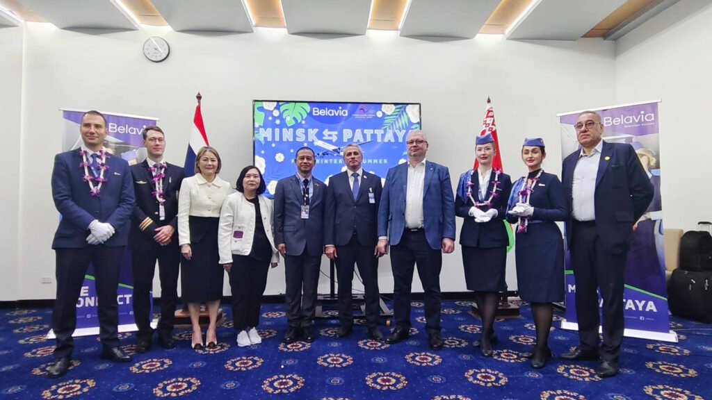 Officials from TAT, Belavia Belarusian Airlines and tourism partners pose at Minsk–Pattaya inaugural route launch ceremony at U-Tapao Airport