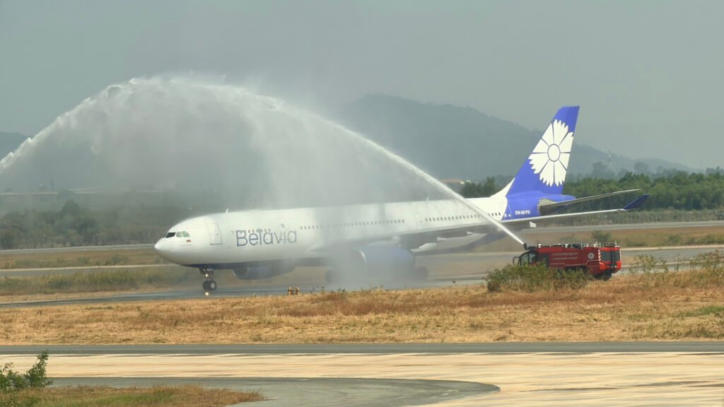 Belavia Belarusian Airlines Airbus aircraft receives water cannon salute on arrival at U-Tapao Rayong–Pattaya International Airport