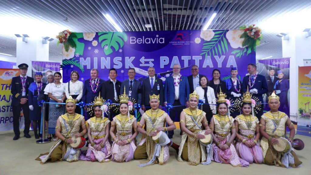 Inaugural Minsk–Pattaya route ceremony featuring TAT, Belavia Belarusian Airlines executives and tourism stakeholders at U-Tapao Airport