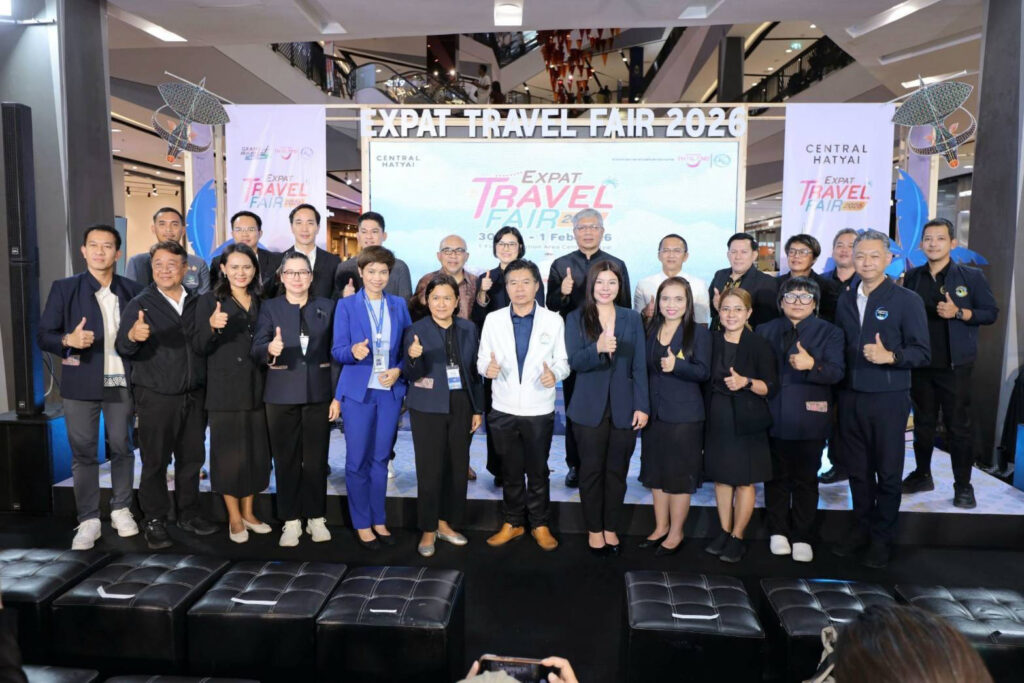 Group photo of government officials, tourism partners, and organisers at the opening of Expat Travel Fair 2026 at Central Hatyai.