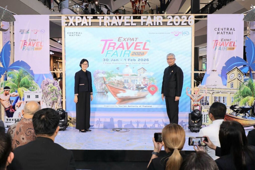 Opening ceremony stage at Central Hatyai marking the launch of Expat Travel Fair 2026, attended by provincial leaders and international representatives.