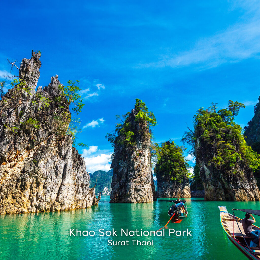 Khao Sok National Park in Surat Thani with limestone cliffs and emerald lake, reflecting nature-based healing and inner calm in southern Thailand.
