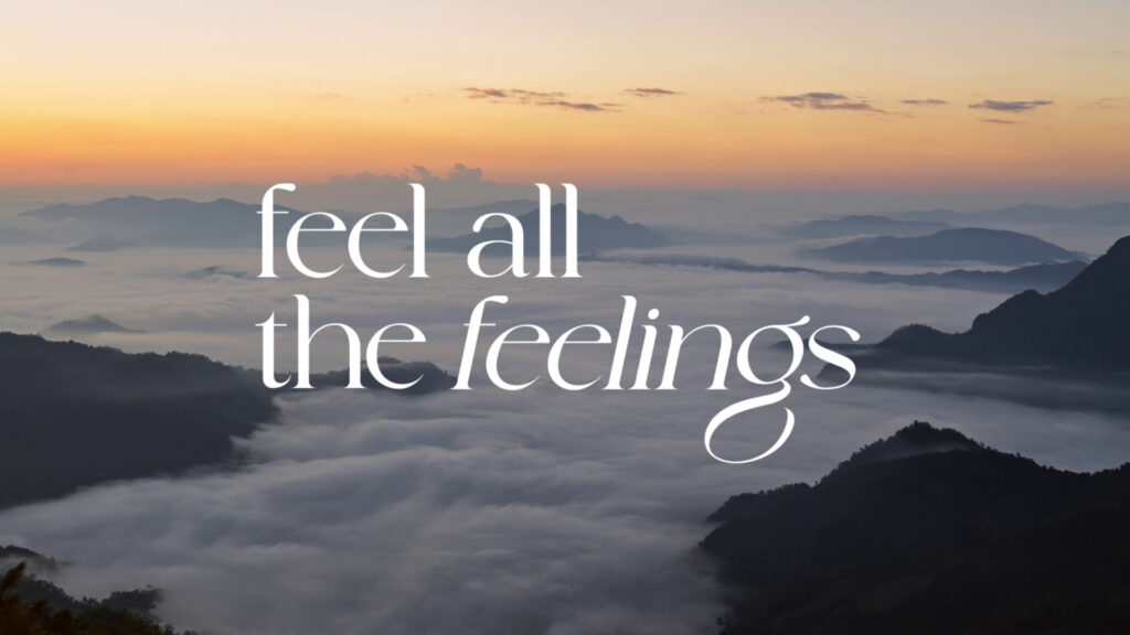 Morning mist over mountain ranges with Feel All The Feelings campaign title overlay