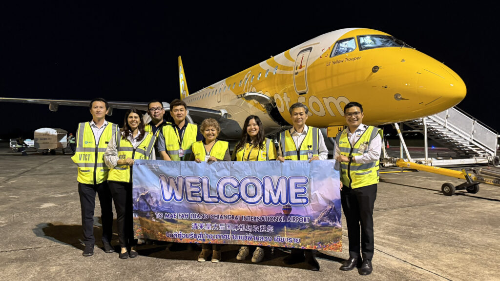 Scoot Embraer E190-E2 aircraft arrives at Chiang Rai on its first direct flight from Singapore, marking the launch of the new international route.