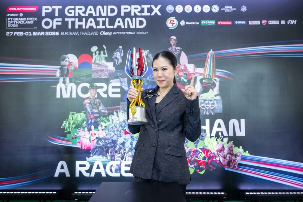 TAT Governor presents the MotoGP trophy at the PT Grand Prix of Thailand 2026 launch event in Bangkok, marking Thailand as the season opener.
