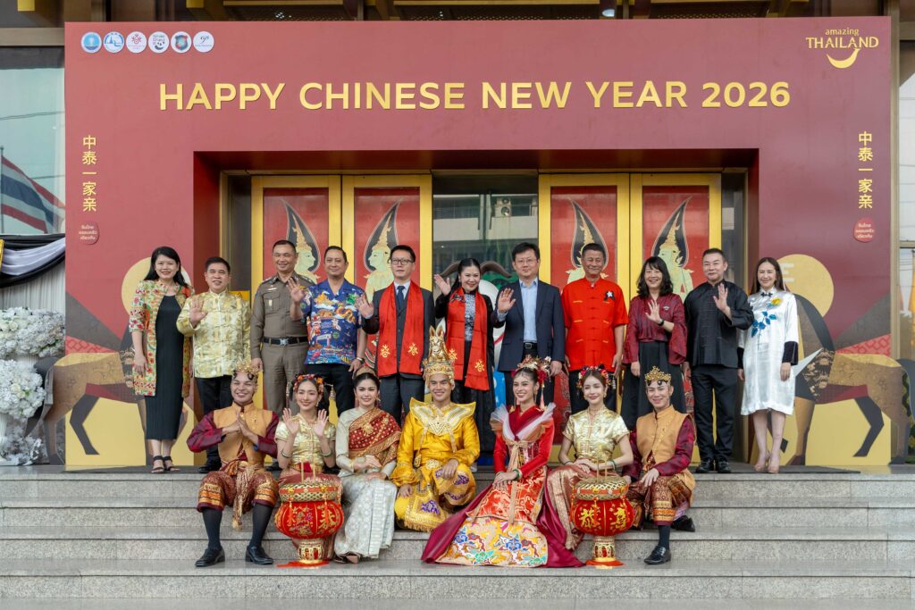 Group photo of TAT, Chinese Embassy representatives and partners celebrating Amazing Thailand Chinese New Year 2026 in Bangkok