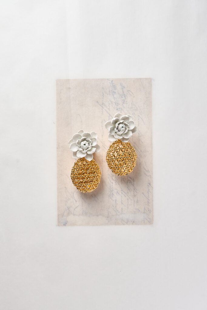 SARRAN The Ambassador Collection gold lattice earrings with jasmine motifs reflecting Ayutthaya-era craftsmanship.