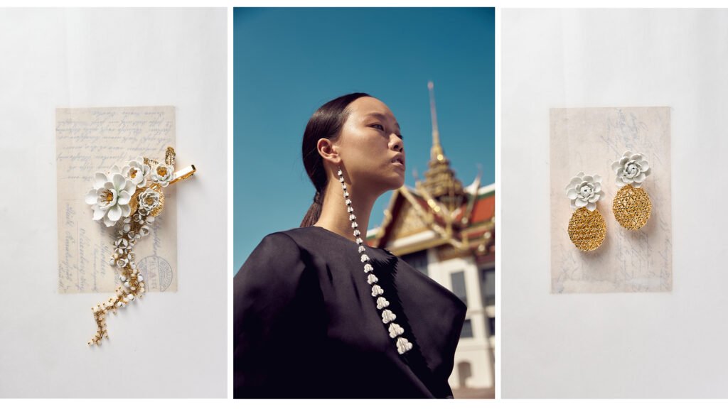 Model wearing SARRAN The Ambassador Collection earrings inspired by Ayutthaya heritage at New York Fashion Week Fall/Winter 2026.