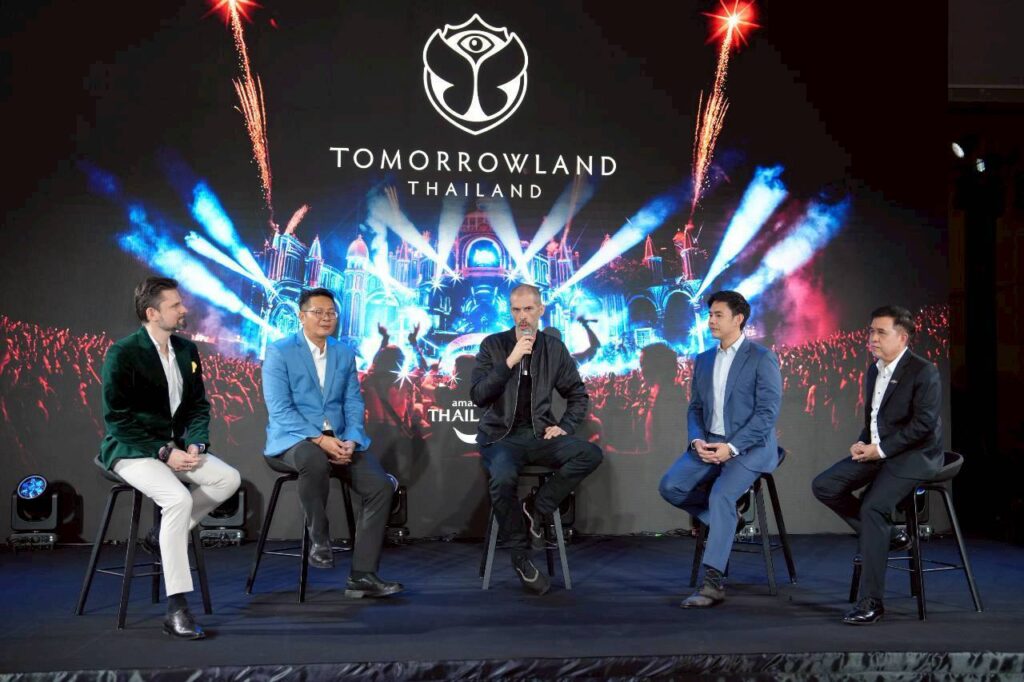 Tomorrowland executives and Thai officials join panel discussion on Tomorrowland Thailand 2026 at Bangkok press event.