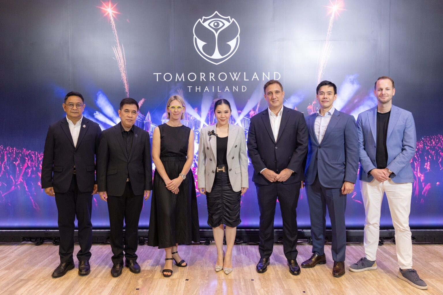TAT executives and Tomorrowland representatives announce Tomorrowland Thailand 2026 at official launch event in Bangkok.