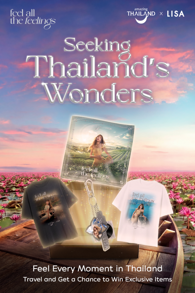 Amazing Thailand x LISA “Seeking Thailand’s Wonders” campaign visual featuring photobox, T-shirts, and keychain rewards set against a lotus lake landscape, promoting travel experiences across Thailand.