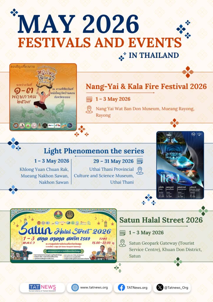May 2026 Thailand festivals featuring Nang-Yai & Kala Fire Festival, Light Phenomenon, and Satun Halal Street