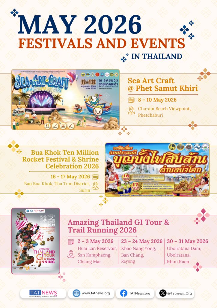 May 2026 Thailand events featuring Sea Art Craft, Bua Khok Rocket Festival, and Amazing Thailand GI Tour & Trail Running