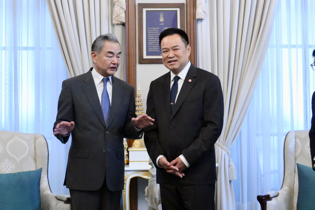 H.E. Mr. Wang Yi and H.E. Mr. Anutin Charnvirakul in bilateral discussion during the official meeting at Government House, Bangkok, April 2026.