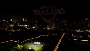 Drone light show at Maha Songkran World Water Festival 2026 in Benjakitti Park Bangkok, highlighting Thailand’s iconic New Year celebration