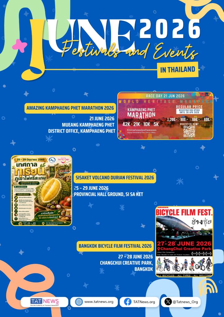 June 2026 Thailand events featuring Kamphaeng Phet Marathon, Sisaket Volcano Durian Festival, and Bangkok Bicycle Film Festival