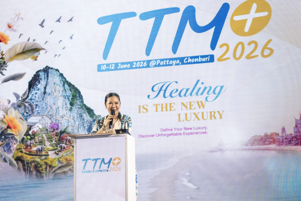 TAT representative speaks at TTM+ 2026 in Pattaya, highlighting wellness-led tourism and “Healing is the New Luxury”.