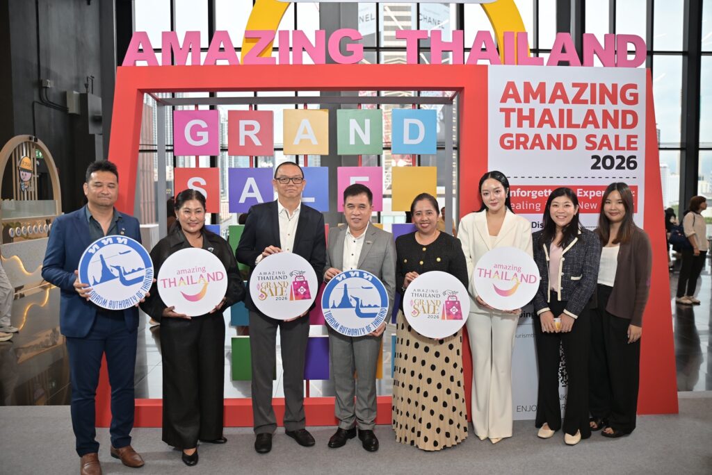 TAT representatives and partners showcase Amazing Thailand Grand Sale 2026 at a colourful campaign display.