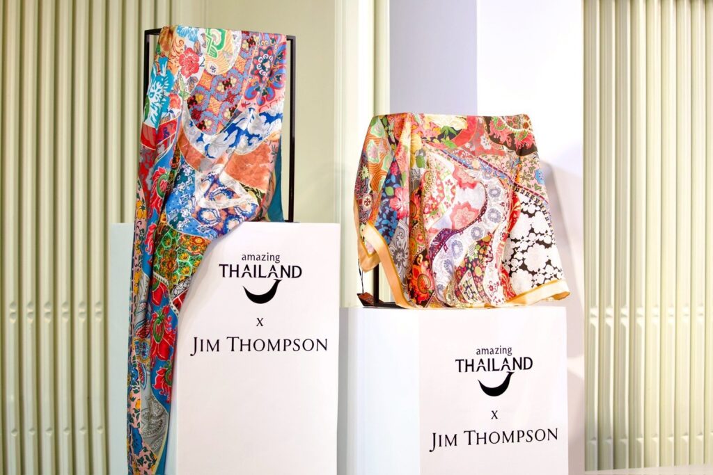 Colourful Thai silk scarves displayed at the Amazing Thailand x Jim Thompson collection launch