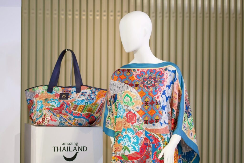 Mannequin showcases a colourful Thai silk kaftan from the Amazing Thailand x Jim Thompson collection